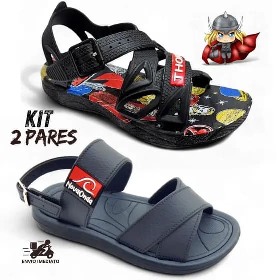 Kit 2 Pares Sandalia Menino Nova Onda + Sandalia Infantil Personagens Masculino Herois