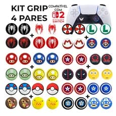 Kit 4 Pares 8 unidades de Grip Silicone Estampado Botão Ps3 Ps4 Ps5 Xbox 360 Xbox One Xbox Series S/X Wii Switch 2