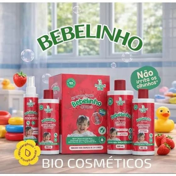 Kit Infantil Bebelinho Morango Bio Instinto Kids Shampoo Condicionador Sabonete e Água de Colônia Morango 0 a 12 Anos
