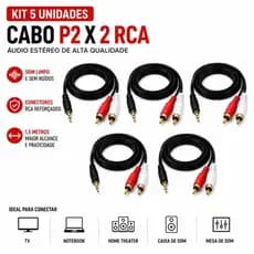 Kit 5 Unidades Cabo Auxiliar P2 X 2 RCA Macho 1,5m Áudio Stereo TV Som PC Notebook Home Theater