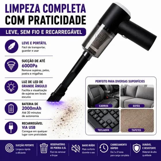 Aspirador de Pó Portátil Sem Fio Recarregável USB 120W 6000Pa Mini Aspirador para Carro Casa Sofá e Teclado