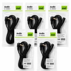 Kit 5 Cabos Extensores de Áudio P2 Macho 90 Graus para P2 Fêmea 3,5mm 1,8 Metros Fone Caixa de Som