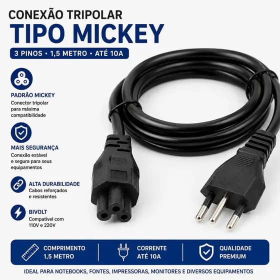 Cabo De Força Tripolar Mickey 3 Pinos 1,5m Para Notebook Fonte Impressora Monitor Bivolt 10A Preto
