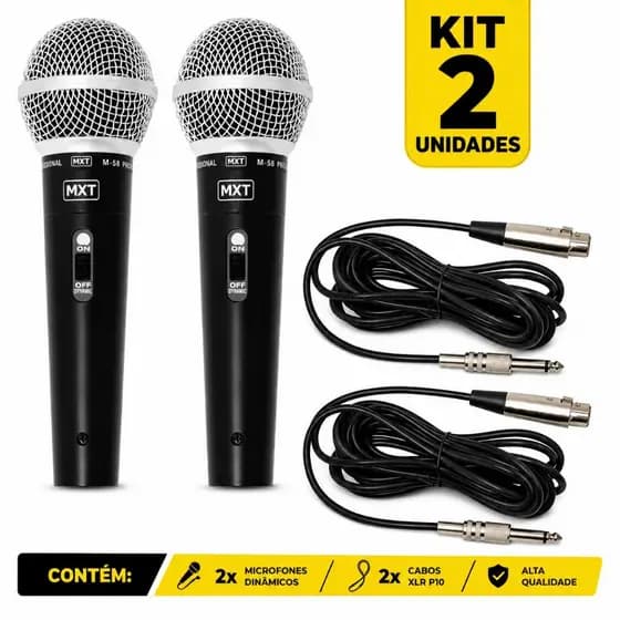 Kit 2 Microfones Dinâmicos Profissionais MXT M58 Cabo P10 Karaokê Igrejas Eventos Som Ao Vivo Audio