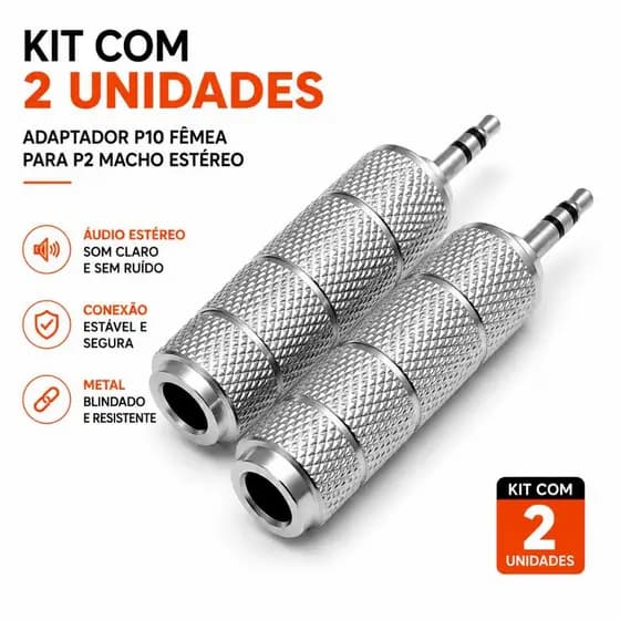 Kit 2 Adaptador P10 Fêmea Para P2 Macho Stereo Metal Blindado Áudio Profissional Som Sem Ruído MXT