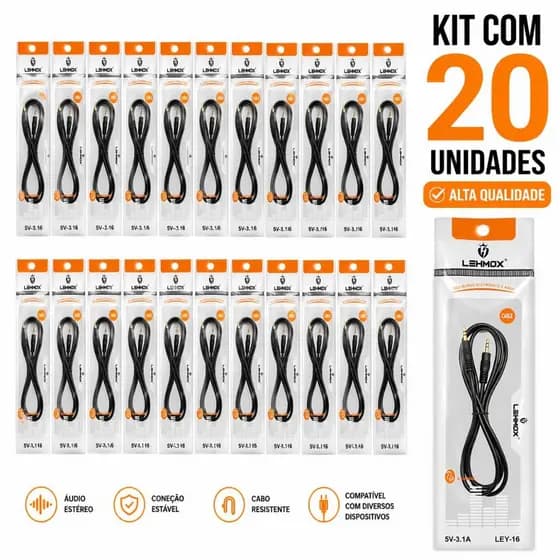 Cabo P2 x P2 Estéreo Lehmox LEY16 Kit com 20 Unidades Qualidade Premium