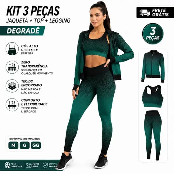 Conjunto Trio Fitness Degradê Jaqueta Bomber Legging Cintura Alta Top Academia Feminino