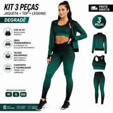 Conjunto Trio Fitness Degradê Jaqueta Bomber Legging Cintura Alta Top Academia Feminino