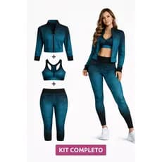 Kit 3 Peças Fitness Feminino Degradê Jaqueta Bomber Top Nadador Legging Academia