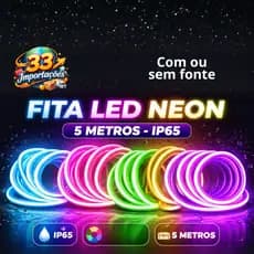 Fita LED Neon 5m IP65 Impermeável Flexível Com ou Sem Fonte Luz Neon RGB Decorativa Quarto Sala Gamer Festa Externa Pro