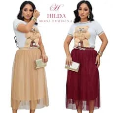 Saia Tule Cristal Midi de Brilho Glitter forrada Lisa Moda evangélica Fardamento Festividade Congresso