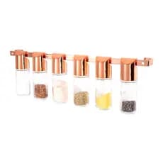 Kit 6 Potes Vidro 100ml Porta Tempero Condimentos Com Barra De Cozinho Aço Piatina 30cm Rosé Gold Organizadores Cozinha