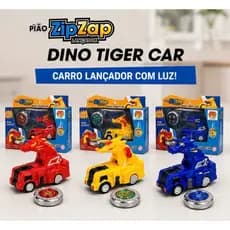 Pião ZipZap Lançador Dino Tiger Car com Luz | Carro Lançador Automático | 3 Modelos