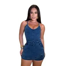 Macaquinho Short Saia jeans feminino de Alcinha com lycra