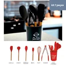 Kit 7 Peças Utensílio de Silicone Cozinha Cabo Madeira