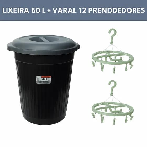 Kit Lixeira de Plástico 60 Litros + 2 Varal com 12 Prendedores Cesto Organizador Lixo Roupa Suja