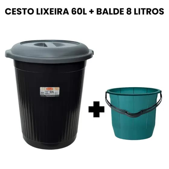 Kit Lixeira 60L e Balde 8 Litros Cesto Organizador Água Roupas Lixeira