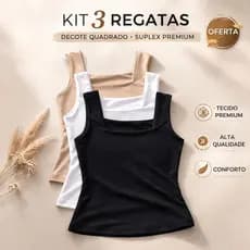 Kit 3 Blusas Feminina Regata Decote Quadrado Reto Suplex Verão Basica Lisa Moda Elegante Tendencia Bolgueira