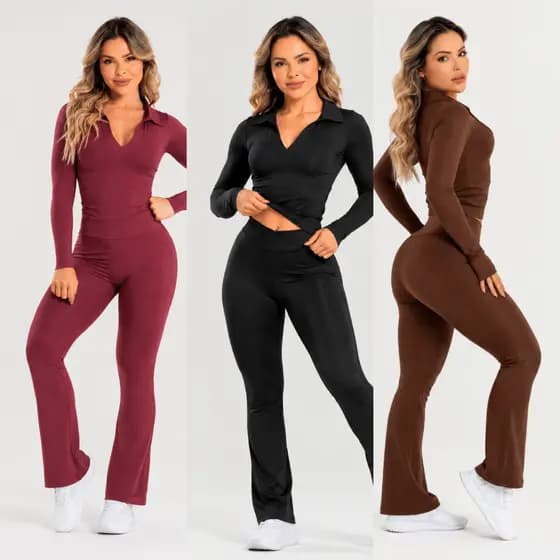 Conjunto Fitness Feminino Modelador Camisa Manga Longa Gola Polo Legging Cintura Alta Modelo Flare Poliamida