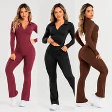 Conjunto Fitness Feminino Modelador Camisa Manga Longa Gola Polo Legging Cintura Alta Modelo Flare Poliamida