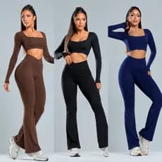 Conjunto de Academia Feminina Liso Zero Transparência Suplex Poliamida Flare Manga Longa Fitness