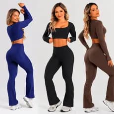 Conjunto Fitness Bailarina Top Manga Longa Legging Cintura Alta Modelo Flare Sem Transparência