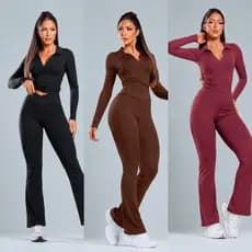 Conjunto Feminino Casual Chic Gola Polo Manga Longa e Legging Flare Modeladora