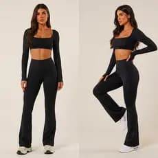 Conjunto Fitness Bailarina Legging Flare Sem Transparência Top Manga Longa