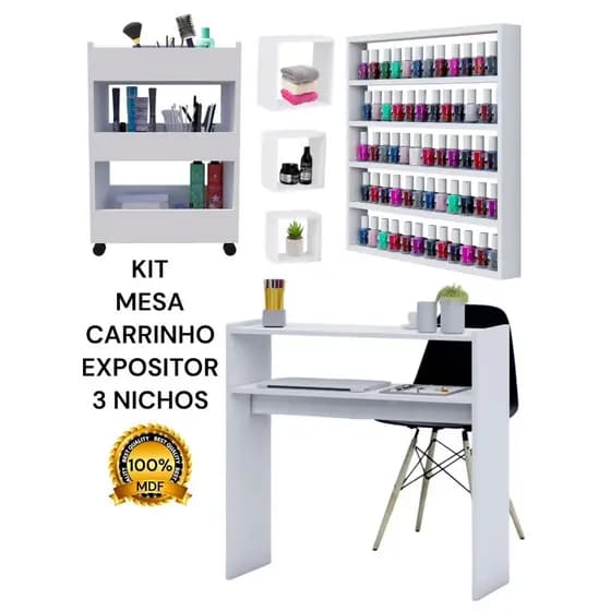 Kit Mesa Manicure Carrinho Auxiliar Expositor Esmaltes 3 Nichos 100% MDF Premium