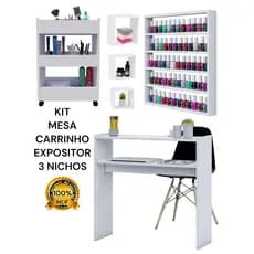 Kit Mesa Manicure Carrinho Auxiliar Expositor Esmaltes 3 Nichos 100% MDF Premium