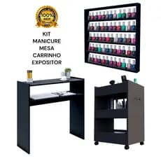 Kit Mesa Manicure Carrinho Auxiliar Expositor De Esmaltes Preto Tx 100% MDP Premium