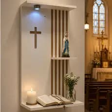Painel Suporte Parede Oratório Mdf Ripado Altar Cruz Com Led