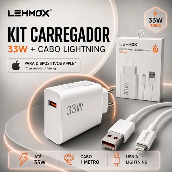 Carregador iPhone 33W Turbo + Cabo Lightning 1 Metro | Compatível Apple iOS iPad iPods AirPad MacBook