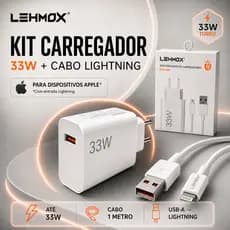 Carregador iPhone 33W Turbo + Cabo Lightning 1 Metro | Compatível Apple iOS iPad iPods AirPad MacBook