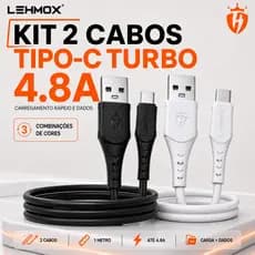 KIT 2 Cabos Tipo C Turbo Preto e Branco Carga Rápida USB 4.8A | Para Celular Tablet iPad Android iOS iPhone Apple