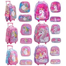 Mochila Infantil Escolar Menina Unicórnio Kit Escolar Mochila de Carrinho + Lancheira + Estojo