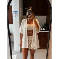 Kimono de praia casaquinho cardigã tecido luxo PP P M G preto branco off verde rosa