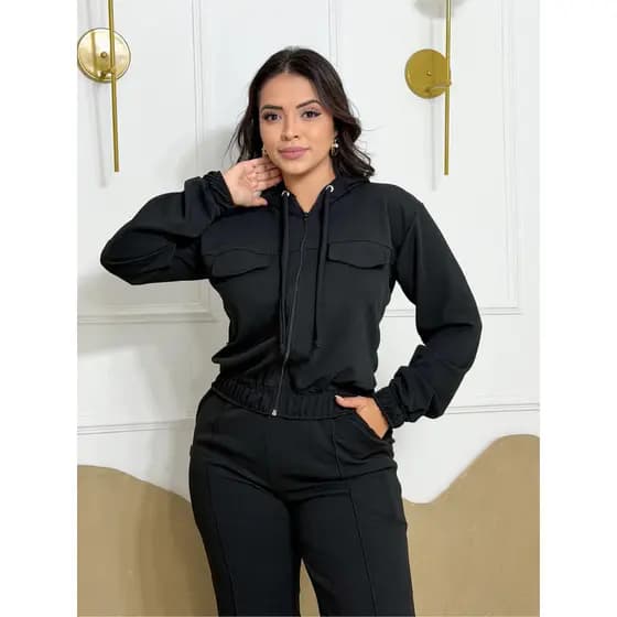 Casaco Blusa Feminina Manga Longa com Capuz Ziper Crepe de Malha Conforto Casual Inverno