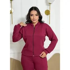 Conjunto Feminino Blusa Manga Longa Com Zíper + Calça Reta Tecido Crepe de Malha