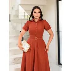 Vestido Feminino Plus Size Godê Midi Manga Média Laise Algodão Botões Funcionais Abertura na Frente