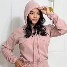 Casaco Feminino Blusa De Frio Feminina Manga Longa com Capuz Ziper Crepe Malha Confortavel Dia a Dia