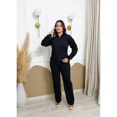 Conjunto Feminino Crepe de Malha Blusa Manga Longa com Ziper e Calca Reta Confortavel