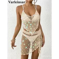 Nova Saia Vazada de Crochê Tricotada, Conjunto de 2 Peças, Saída de Praia, Vestido de Praia, Roupa de Praia Feminina V79