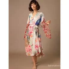 Kimono de Praia para Mulheres com Estampa de Pavão, Saída de Praia com Cinto, Vestido Envolvente para Banho na Praia, Mo