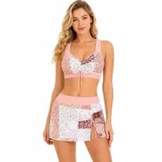 Conjunto Tankini Feminino Rosa com Estampa Paisley, Top com Decote em V e Cordão, Parte Inferior com Saia e Costas Cruza