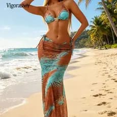 Vigorashely 2026 Conjunto de Biquíni de 3 Peças com Saia Estampada Azul, Moda Praia Feminina, Biquíni com Amarração no P