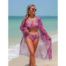 Conjunto de Biquíni de 3 Peças com Estampa Floral Rosa Vintage, Manga Longa, Moda Praia 2026, Tamanho Grande, com Efeito
