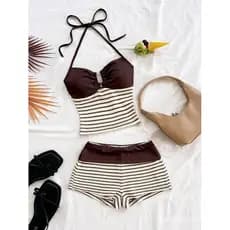 Conjunto feminino marrom de duas peças com shorts de alças finas e listras com fivela de metal, adequado para festas, Di
