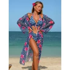 Conjunto de Biquíni com Estampa de Leopardo Azul, Tamanho Grande, para Mulheres, com Amarração Frontal, Push Up, Cintura