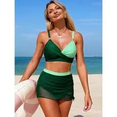 Conjunto de Biquíni Verde Patchwork 2026 Feminino com Saia Plissada, Top Push Up e Cintura Alta, Tankini de Praia, Roupa